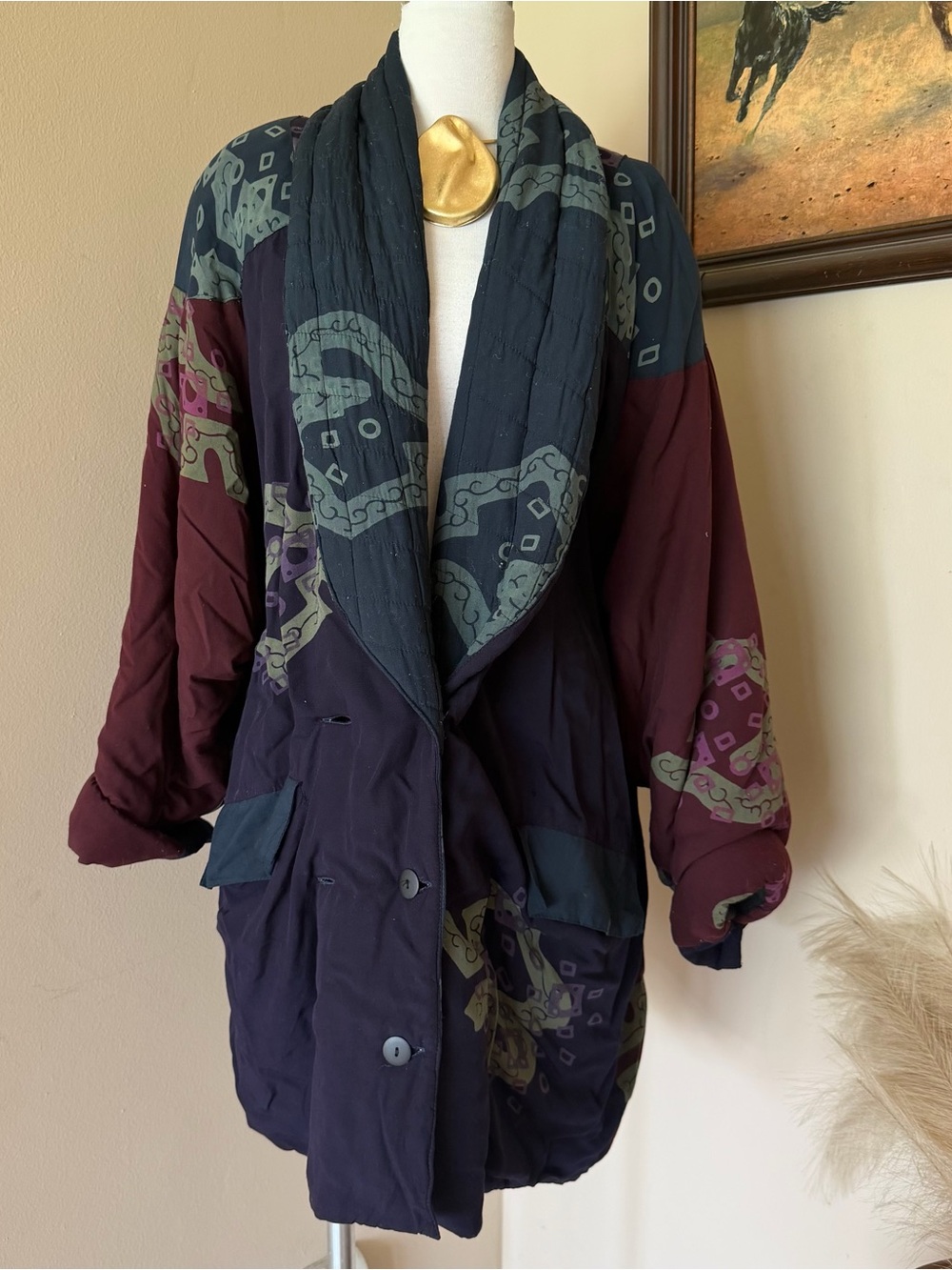Mixed-Color Quilted Puffer Coat in Navy, Burgundy & Sage
